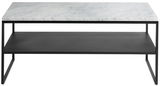 Moderner Couchtisch mit Marmorplatte und schwarzem Metallgestell, Frontalansicht