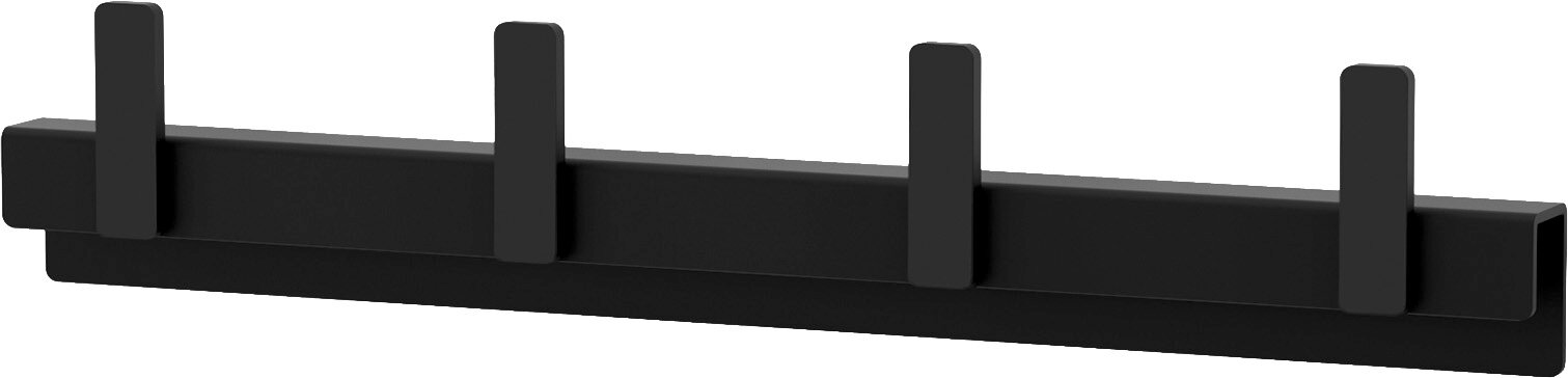ZACK Hakenleiste POTES Schwarze, minimalistische Wandgarderobe mit vier Haken auf einer langen Leiste, schräg von vorn (3/4-Ansicht) dargestellt.