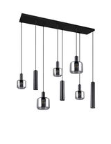 Moderne Pendelleuchte mit sechs hängenden Lampen in schwarzem Design, seitliche Perspektive