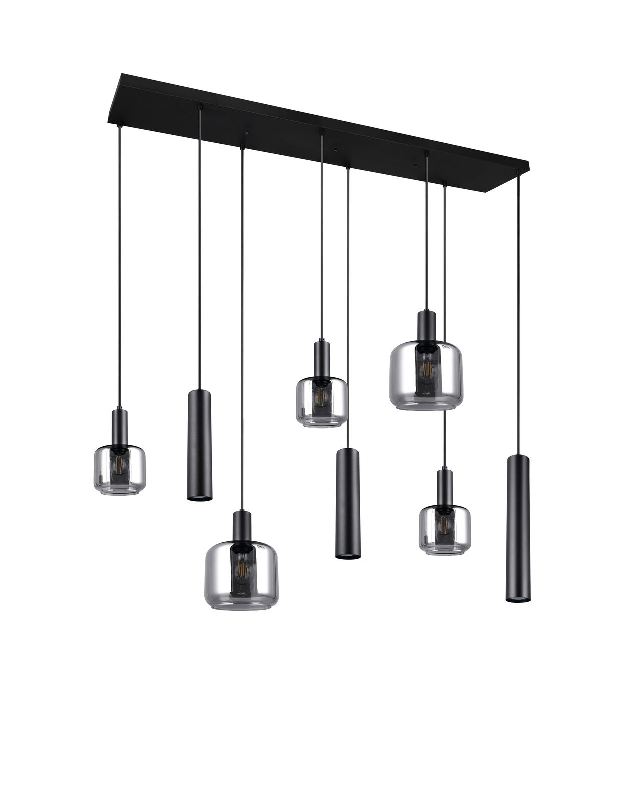 Moderne Pendelleuchte mit sechs hängenden Lampen in schwarzem Design, seitliche Perspektive