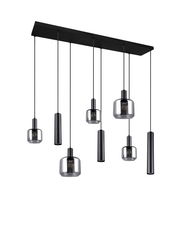 Moderne Pendelleuchte mit sechs hängenden Lampen in schwarzem Design, seitliche Perspektive