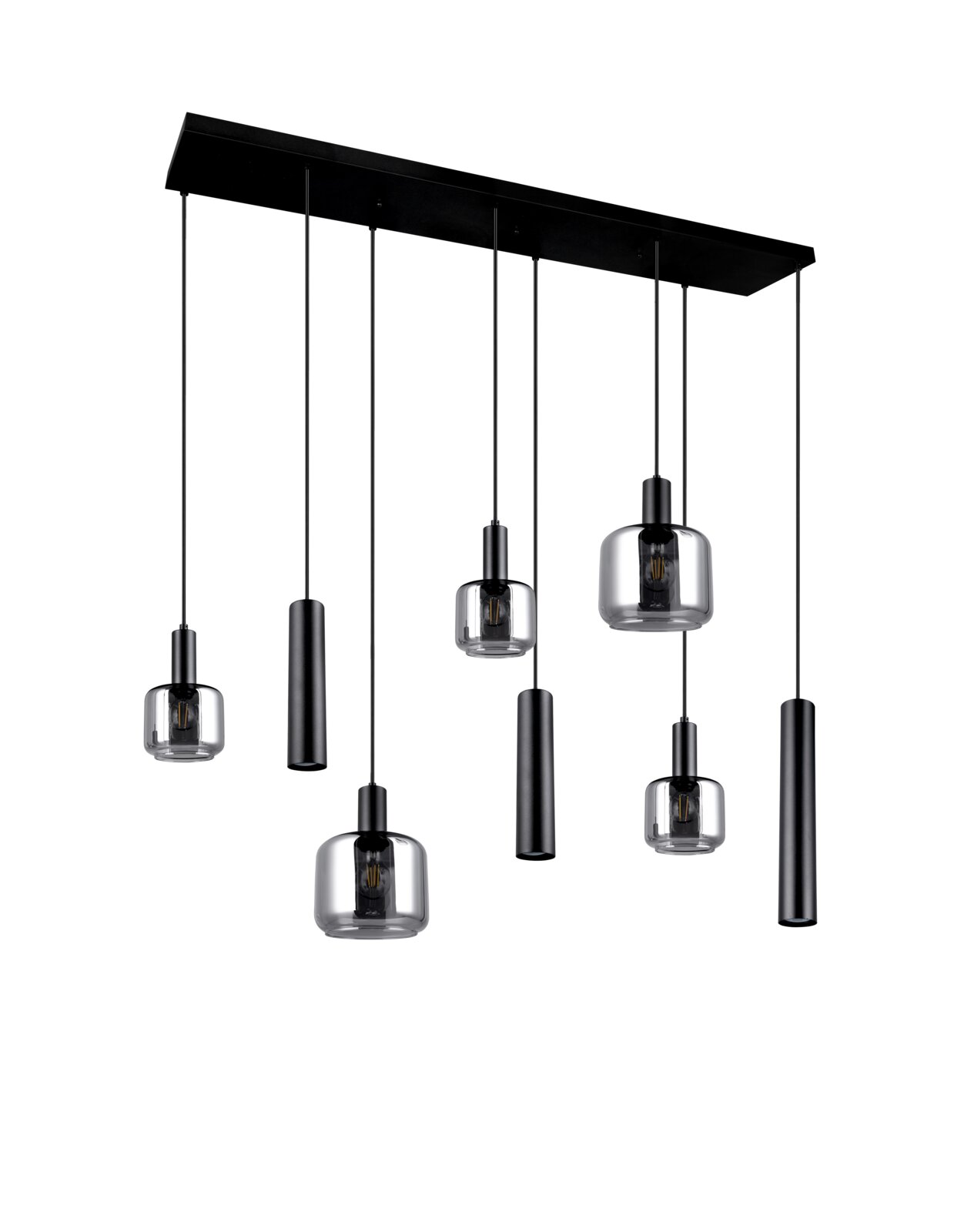 Moderne hanglamp met zes hangende lampen in een zwart ontwerp, zijaanzicht