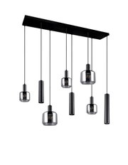 Moderne hanglamp met zes hangende lampen in een zwart ontwerp, zijaanzicht