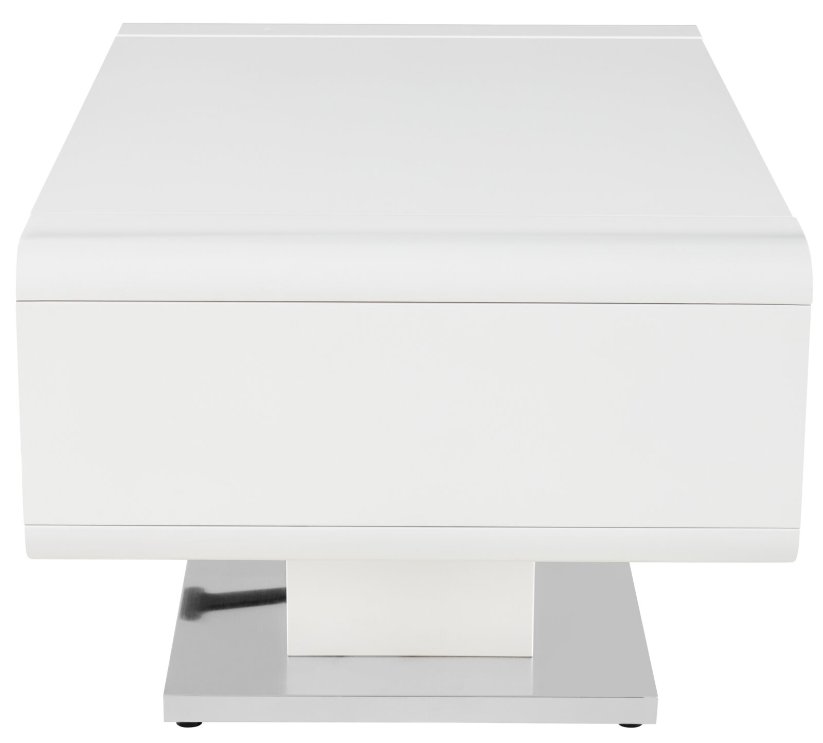 Witte, minimalistische tafellamp met rechthoekige kap en metalen voet, frontaanzicht
