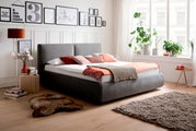 Modernes Polsterbett in Grau mit Kopfteil, dekoriert mit bunten Kissen und Decken, seitliche Perspektive im hellen Schlafzimmer mit Pflanzen und Wandbildern.