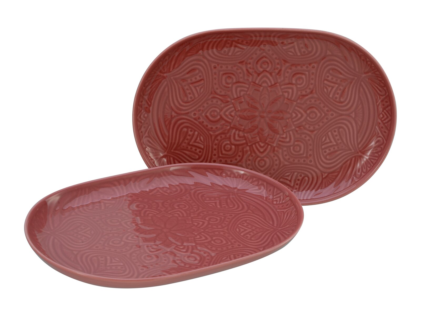 Creatable Servierteller-Set 2-tlg ORIENT MANDALA Zwei ovale, rotbraune Keramik-Servierplatten mit geprägtem Mandala-Ornament, in schräger Vorderansicht (eine liegend, eine dahinter aufrecht)