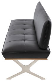 Seitenansicht einer modernen, schwarzen 3er-Bank mit gepolstertem Sitz und Rückenlehne auf einem X-förmigen Metallgestell.