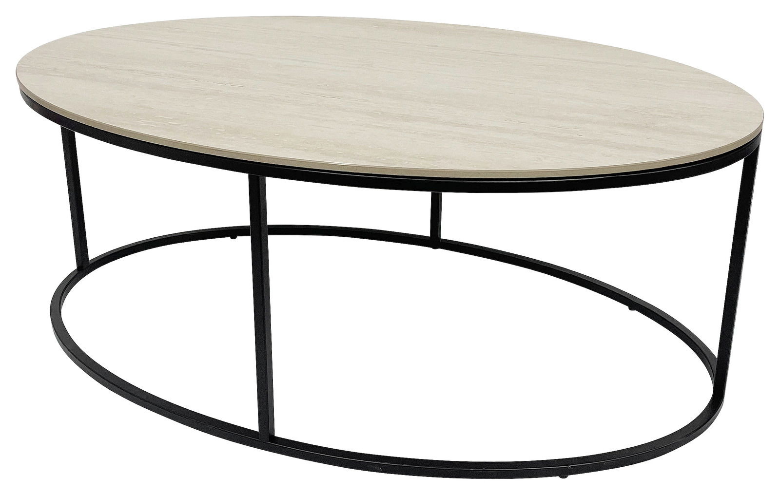 Moderner ovaler Couchtisch mit heller Holzplatte und schwarzem Metallgestell, seitliche Perspektive