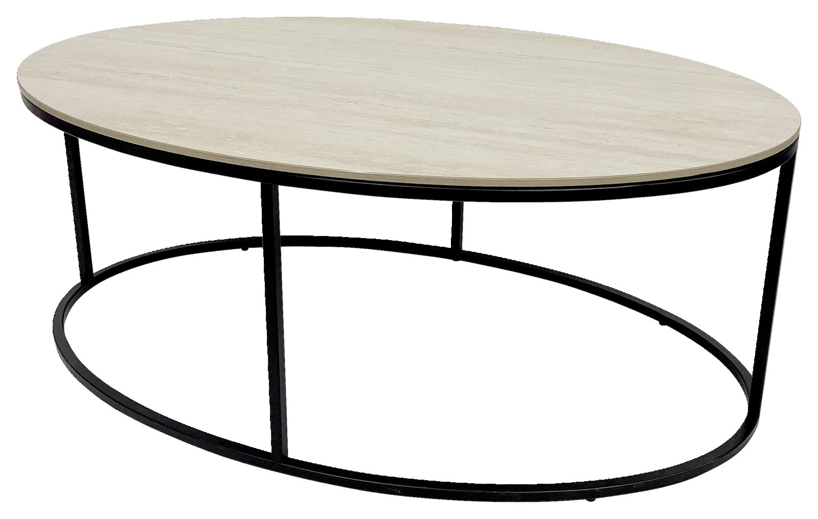 Moderner ovaler Couchtisch mit heller Holzplatte und schwarzem Metallgestell, seitliche Perspektive