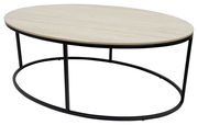 Moderner ovaler Couchtisch mit heller Holzplatte und schwarzem Metallgestell, seitliche Perspektive