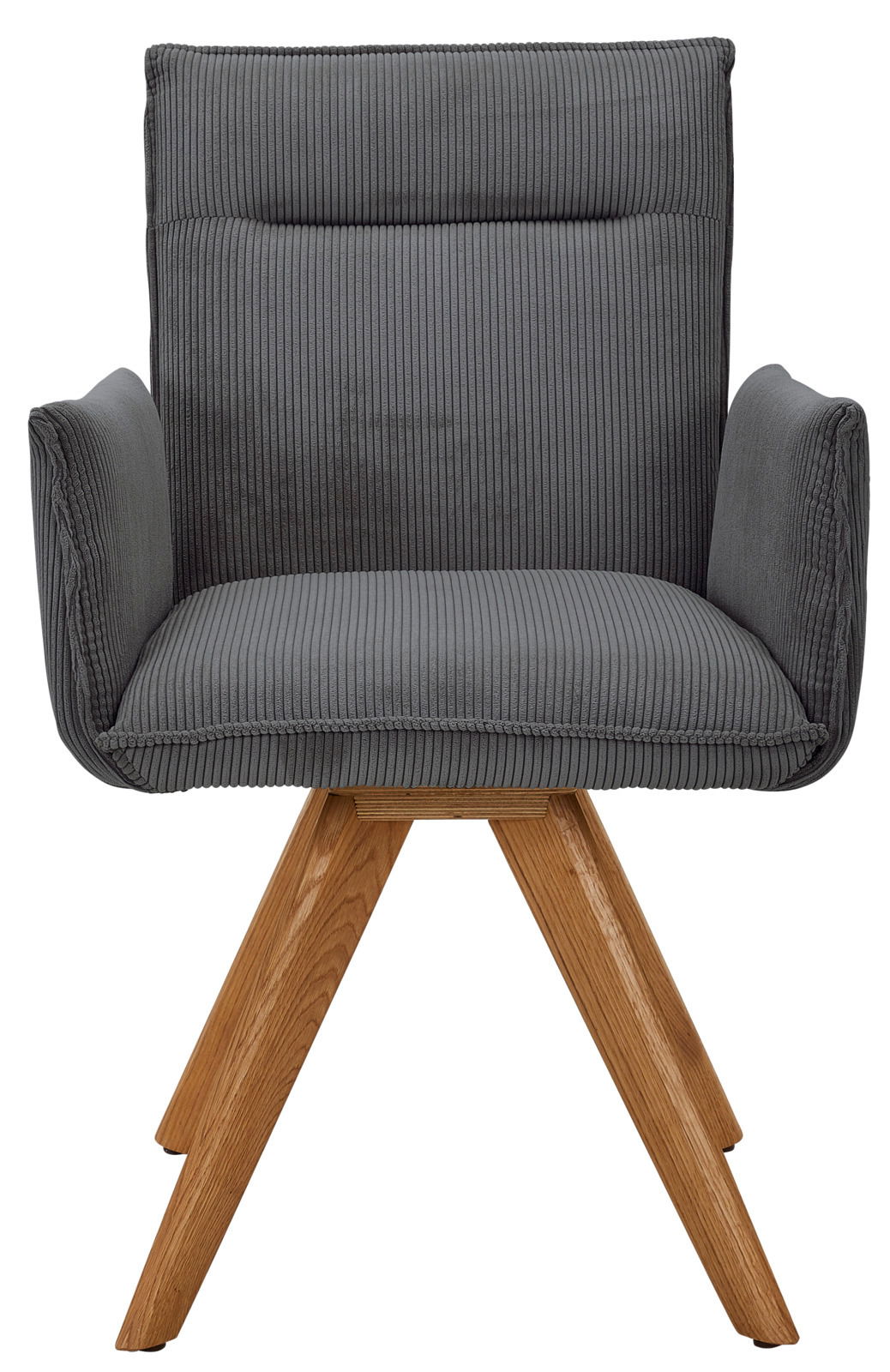 Grauer Armlehnstuhl mit Holzbeinen, Vorderansicht