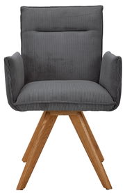 Grauer Armlehnstuhl mit Holzbeinen, Vorderansicht