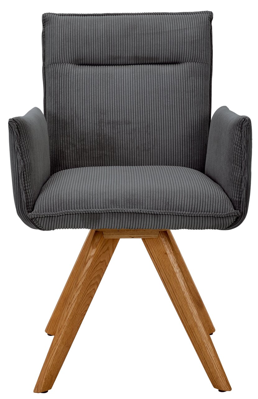 Grauer Armlehnstuhl mit Holzbeinen, Vorderansicht