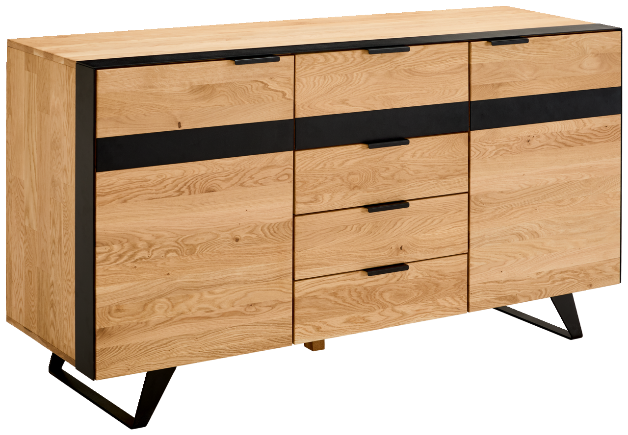 Modernes Sideboard aus hellem Holz mit schwarzen Akzenten, seitliche Perspektive