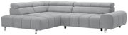 Graues Ecksofa mit Ottomane links, moderne Polsterung und verchromte Füße, Perspektive von vorne links