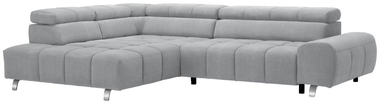 Graues Ecksofa mit Ottomane links, moderne Polsterung und verchromte Füße, Perspektive von vorne links