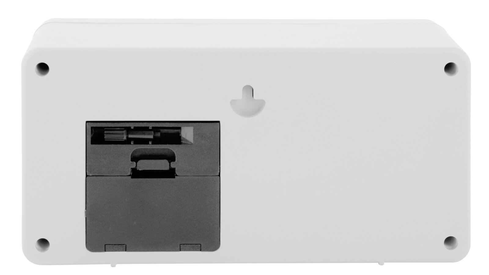 Rückansicht einer weißen Wand- und Tischuhr mit Batteriefach und Aufhängemöglichkeit.
