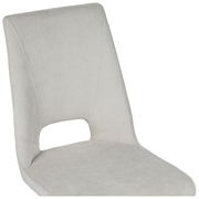 Moderner Stuhl ISAK mit hellgrauem Stoffbezug, seitliche Perspektive