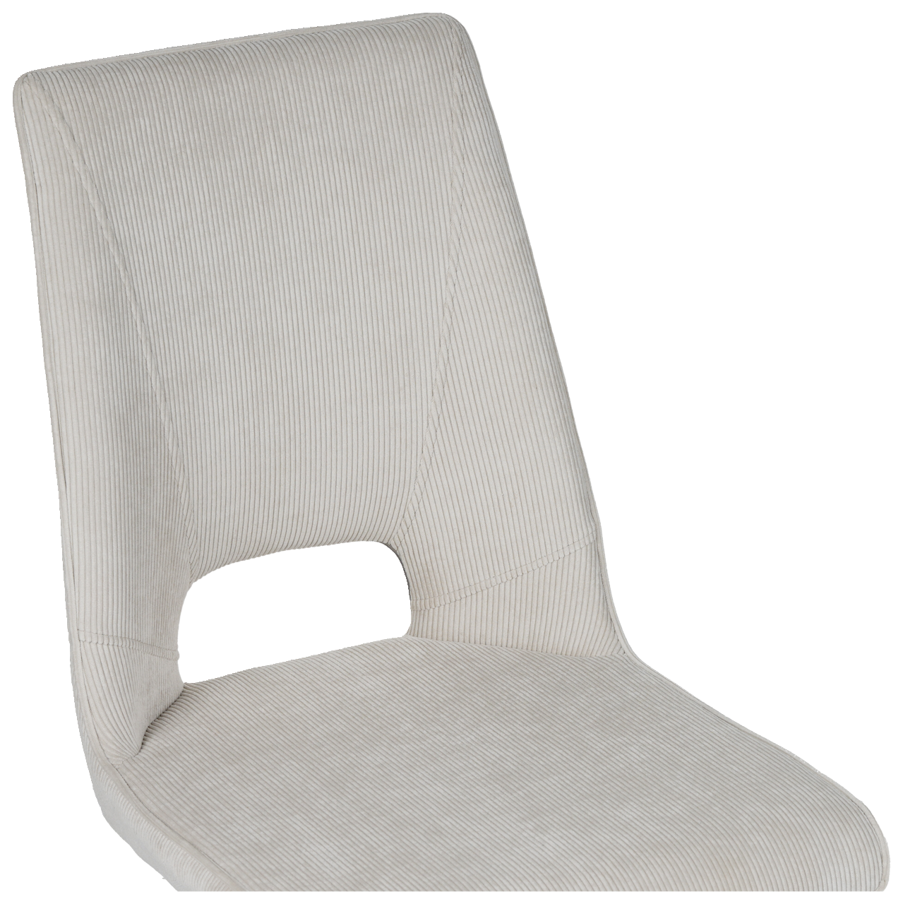 Moderner Stuhl ISAK mit hellgrauem Stoffbezug, seitliche Perspektive