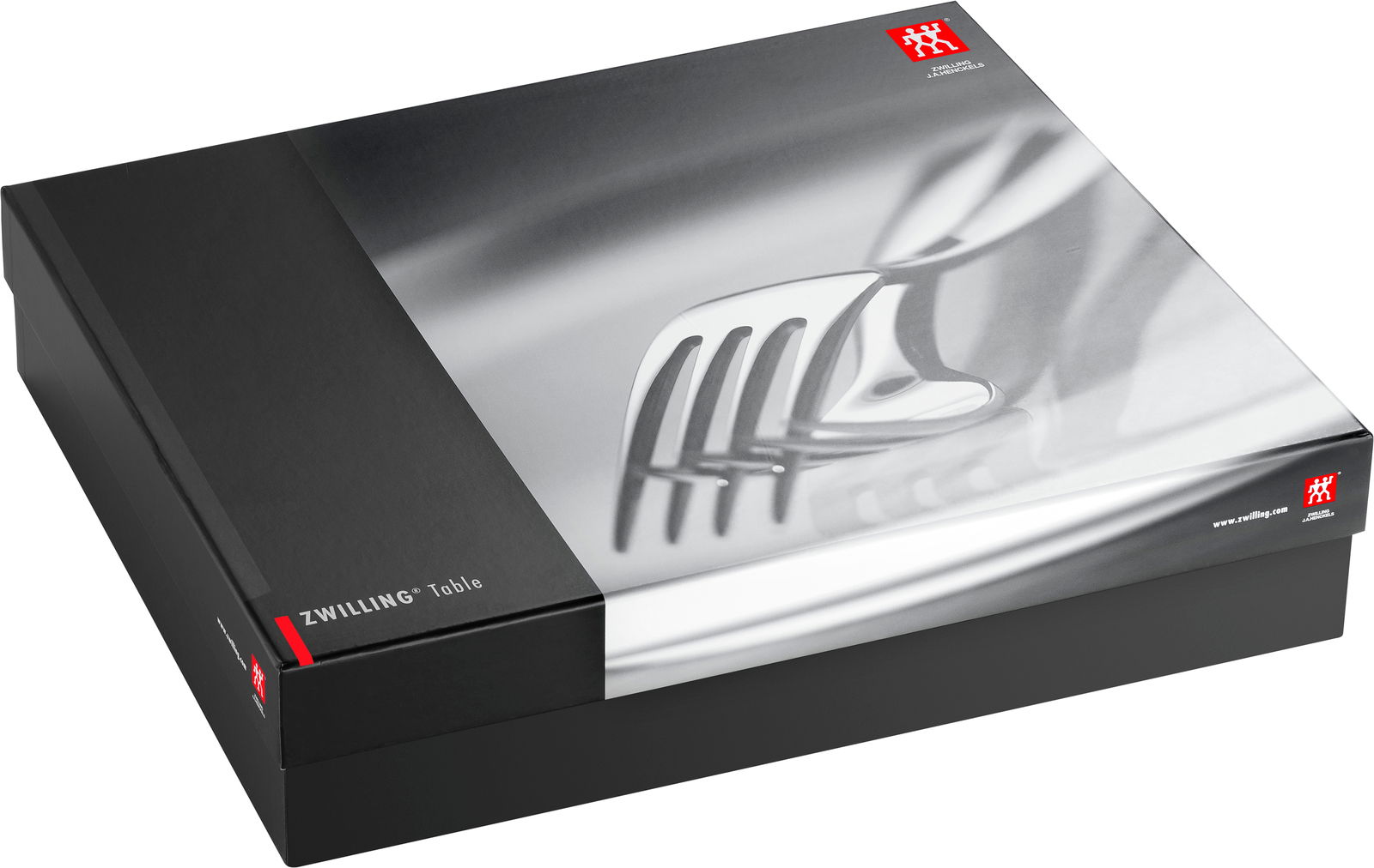 Verpackung des 68-teiligen Bestecksets 'King' von Zwilling, schräg von oben fotografiert.