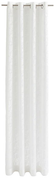 Weiße Gardine mit Ösen, frontal betrachtet, mit feinem Ornamentmuster
