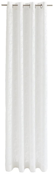 Weiße Gardine mit Ösen, frontal betrachtet, mit feinem Ornamentmuster
