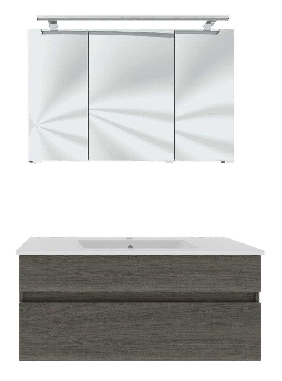 Novel Badblock NV.210 Moderner Badblock mit Spiegelschrank und Waschbeckenunterschrank in Holzoptik, Frontalansicht