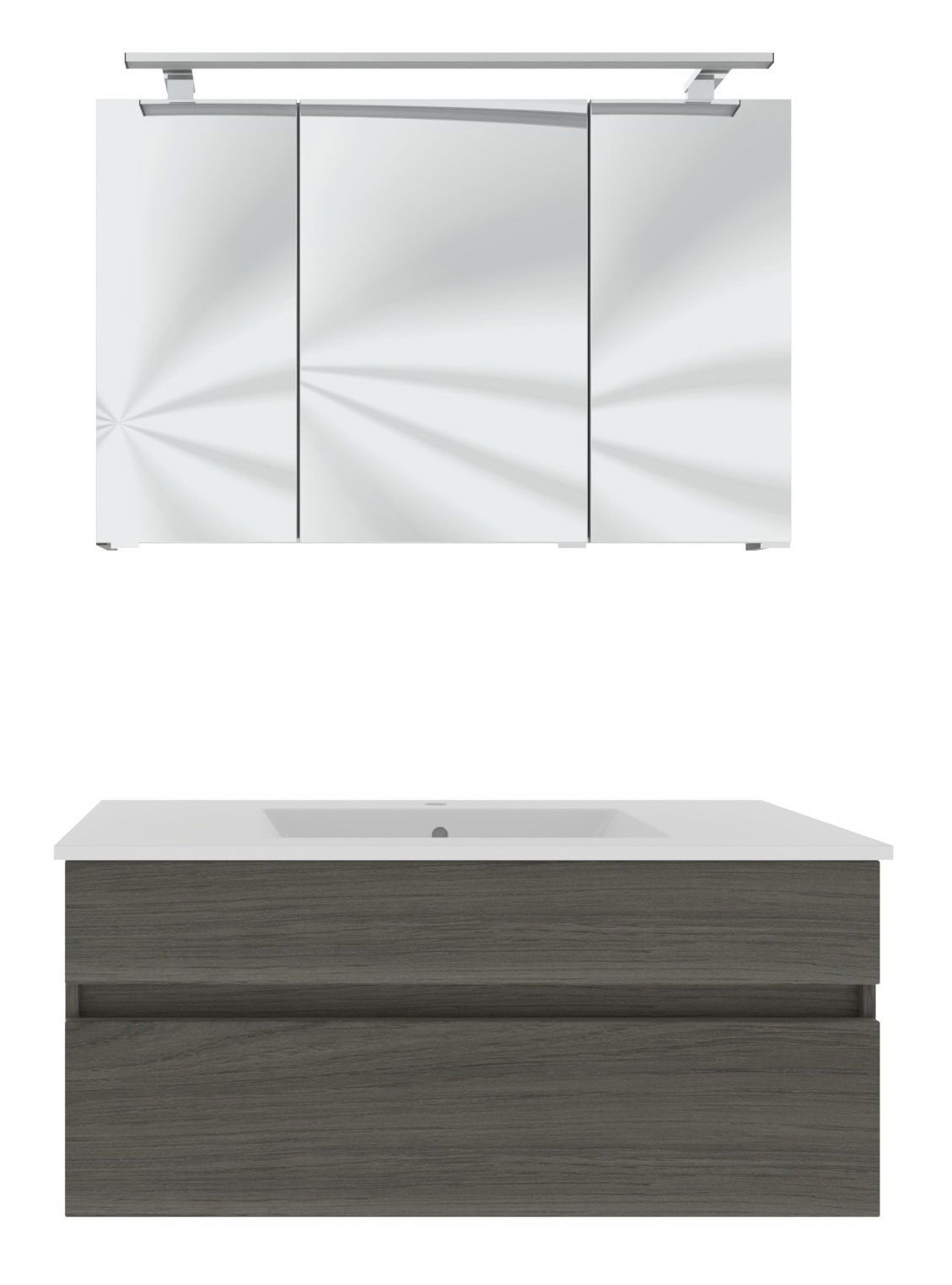 Moderner Badblock mit Spiegelschrank und Waschbeckenunterschrank in Holzoptik, Frontalansicht