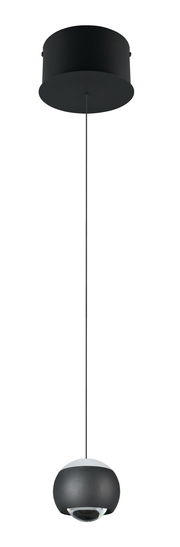 Moderne schwarze Pendelleuchte mit kugelförmigem Lampenschirm, von unten betrachtet