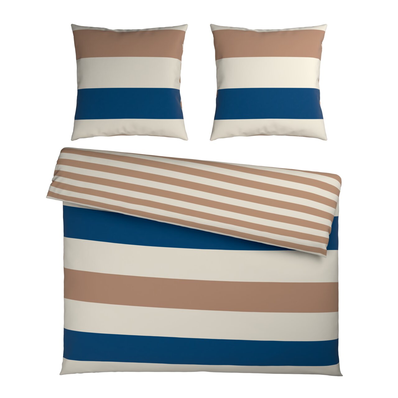 Omkeerbaar beddengoed 200x200 cm met brede horizontale strepen in blauw, wit en bruin, inclusief twee bijpassende kussenslopen, bovenaanzicht
