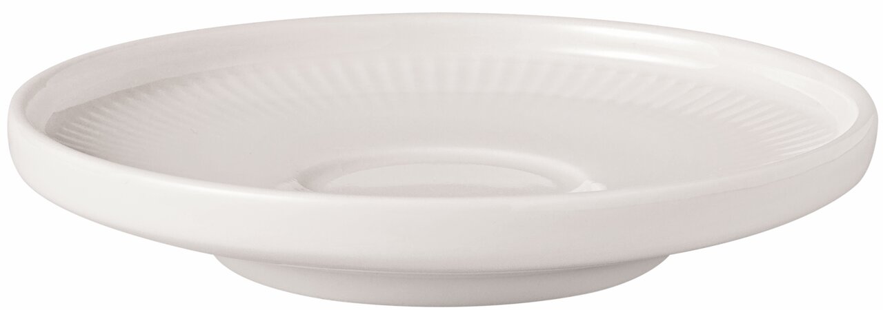 Weiße Espressountertasse aus Porzellan, seitliche Perspektive