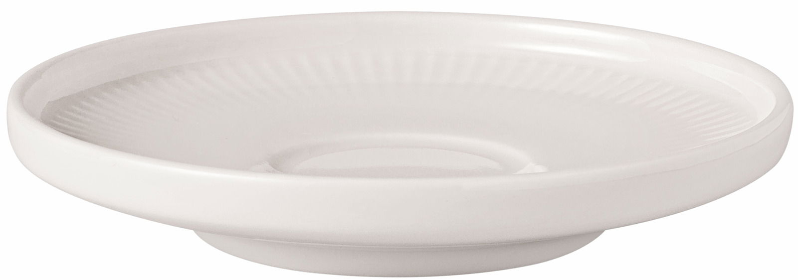 Weiße Espressountertasse aus Porzellan, seitliche Perspektive