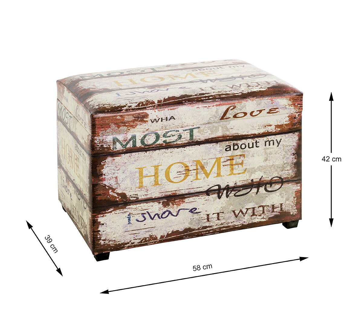 Vintage Sitzhocker/Aufbewahrungsbox in Holzoptik mit mehrfarbigem Schriftzug-Design („HOME“, „Love“, „MOTTO“), Maße ca. 58 x 39 x 42 cm, gezeigt in schräger Front-Links-Perspektive vor weißem Hintergrund.