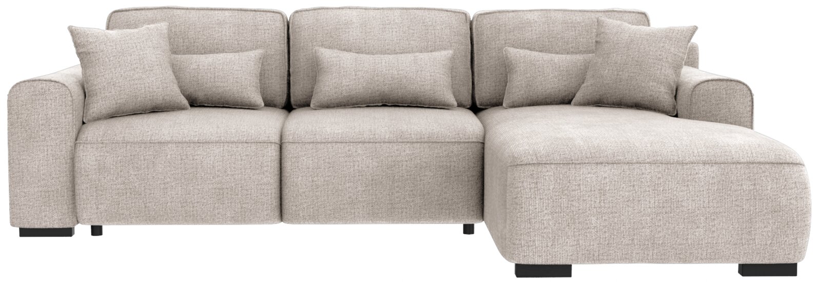 Beige Rundecke (L) mit mehreren Kissen, frontal betrachtet