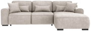 Beige Rundecke (L) mit mehreren Kissen, frontal betrachtet