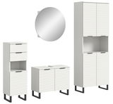 Moderne Badkombination mit weißem Schrankset und rundem Spiegel, frontal betrachtet.