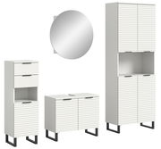 Moderne Badkombination mit weißem Schrankset und rundem Spiegel, frontal betrachtet.