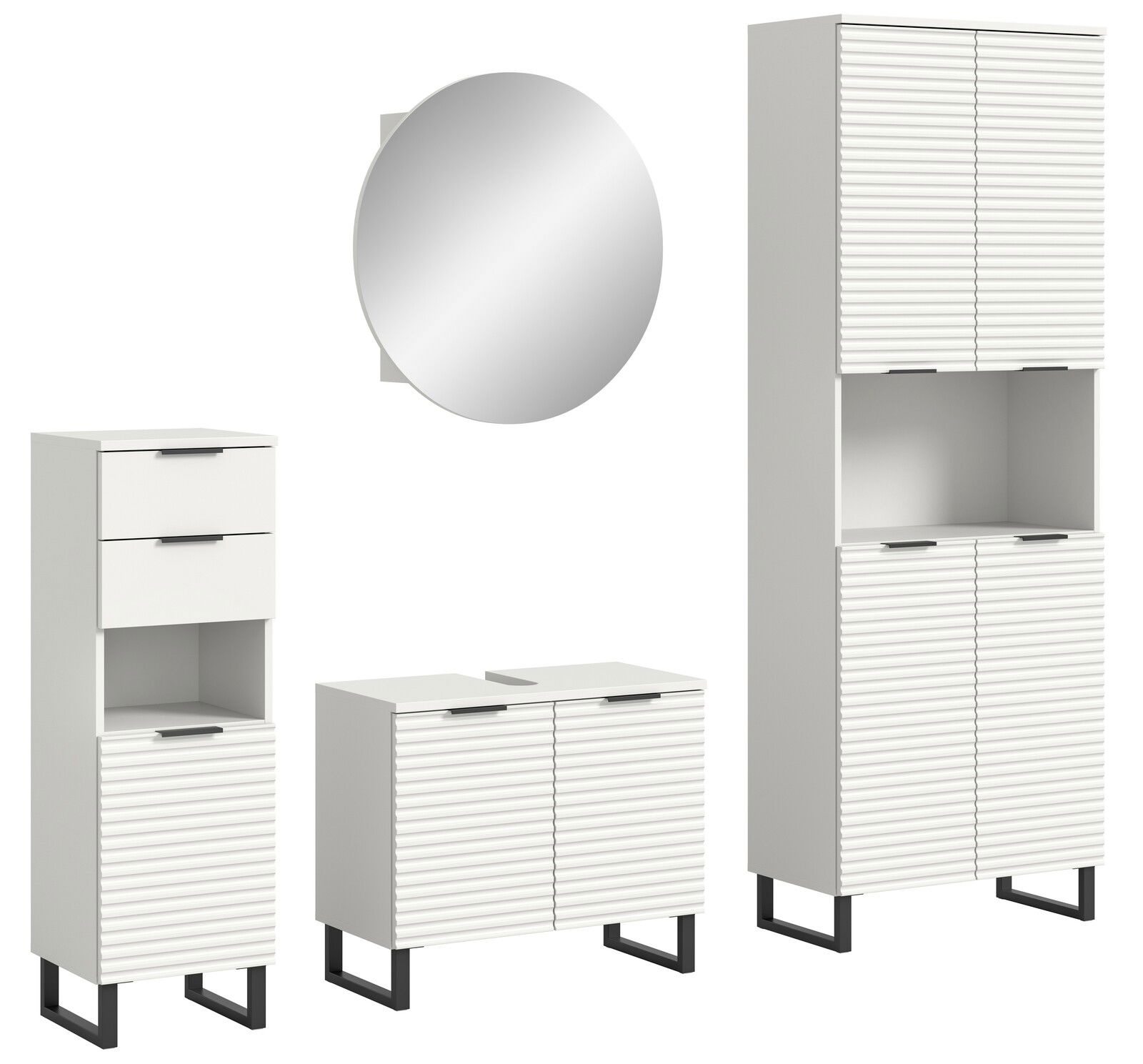 Moderne Badkombination mit weißem Schrankset und rundem Spiegel, frontal betrachtet.