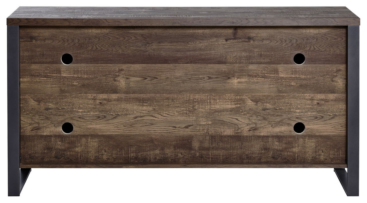 Frontansicht eines rustikalen Sideboards mit Holzoptik und schwarzen Metallakzenten.