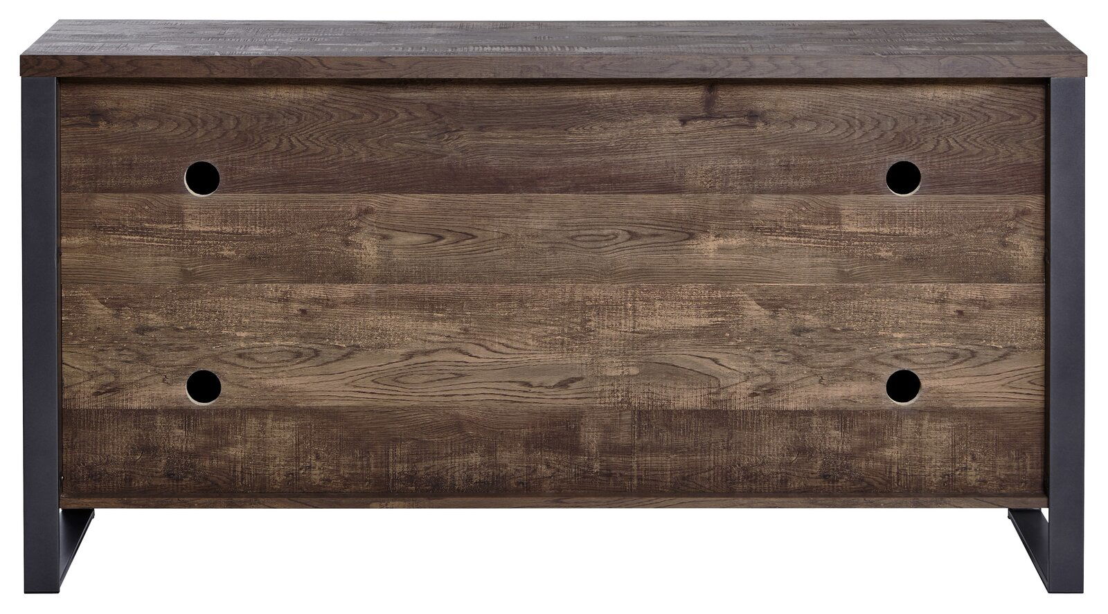 Frontansicht eines rustikalen Sideboards mit Holzoptik und schwarzen Metallakzenten.