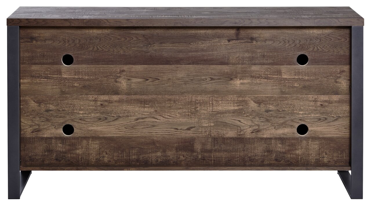 Frontansicht eines rustikalen Sideboards mit Holzoptik und schwarzen Metallakzenten.