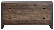 Frontansicht eines rustikalen Sideboards mit Holzoptik und schwarzen Metallakzenten.