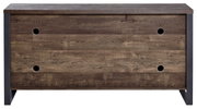 Frontansicht eines rustikalen Sideboards mit Holzoptik und schwarzen Metallakzenten.