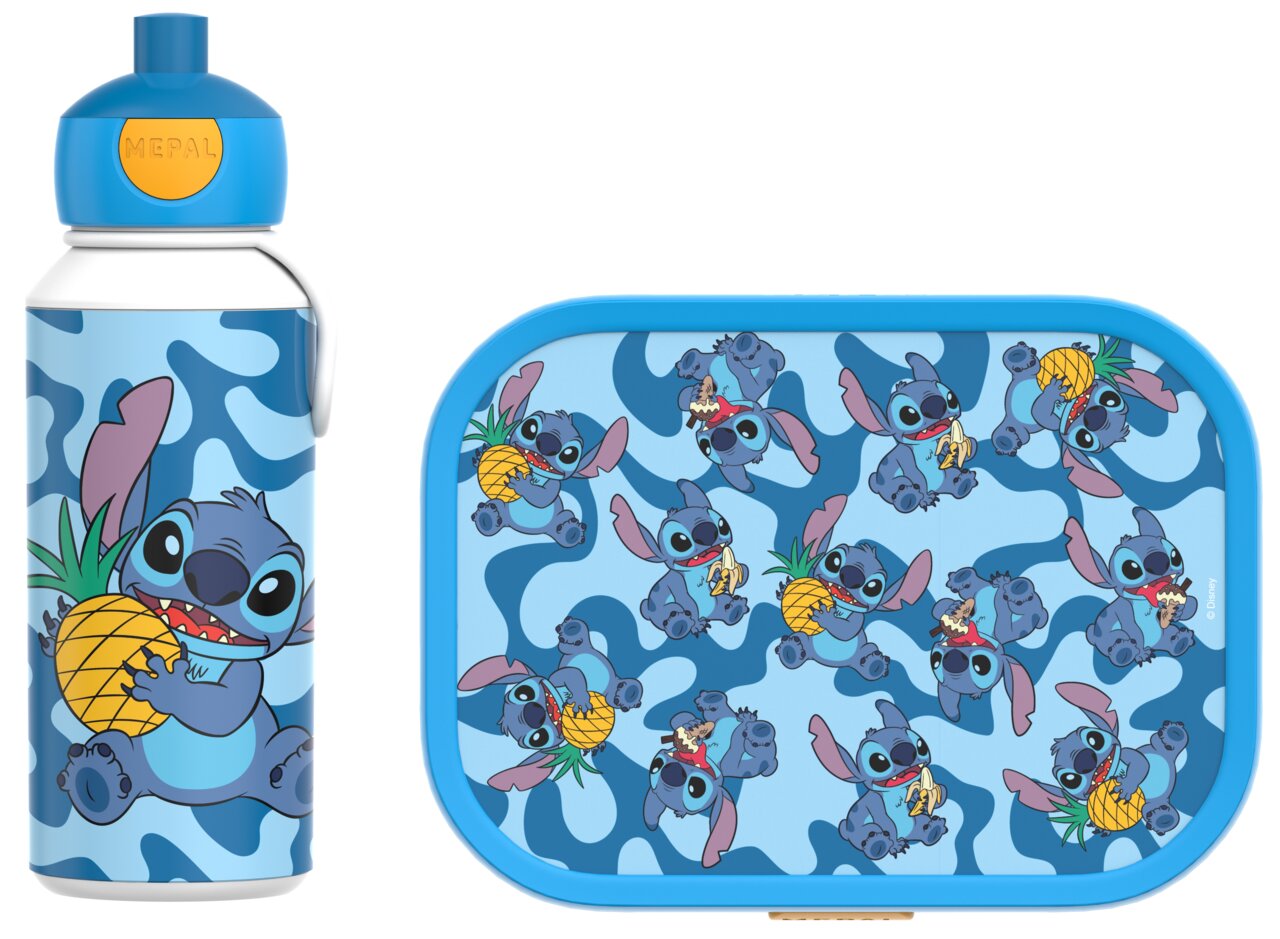 Lunchset mit Flasche und Brotdose, beide mit blauem Hintergrund und buntem Stitch-Motiv, aus der Frontalperspektive.