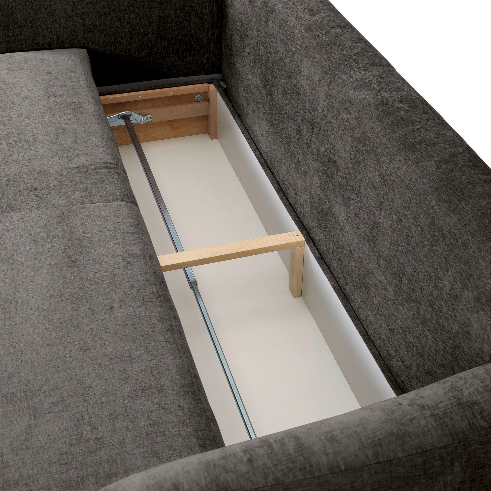 Innenansicht eines Funktionssofas mit geöffneter Stauraumfunktion, Perspektive von oben.
