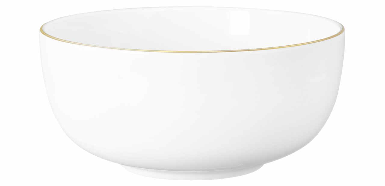 Weiße Müslischale Liberty 15cm mit goldener Umrandung, seitliche Perspektive