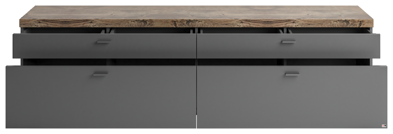Frontansicht eines TV-Lowboards mit grauen Schubladen und einer Holzoberfläche.