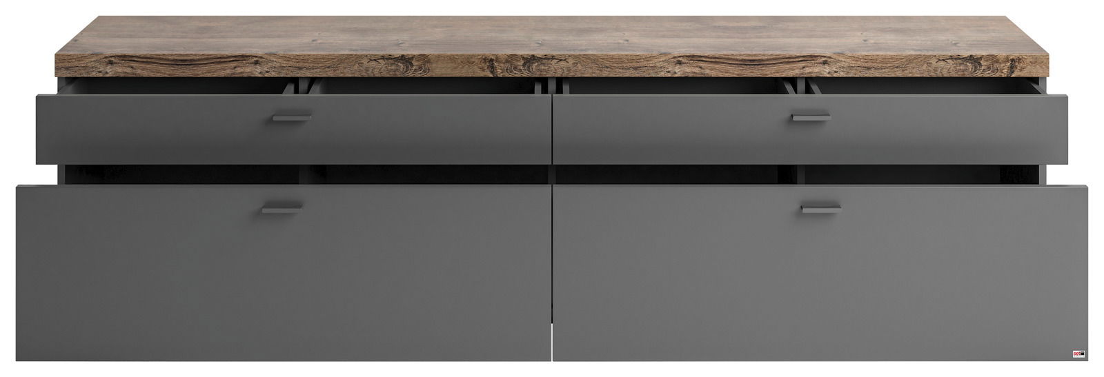 Frontansicht eines TV-Lowboards mit grauen Schubladen und einer Holzoberfläche.