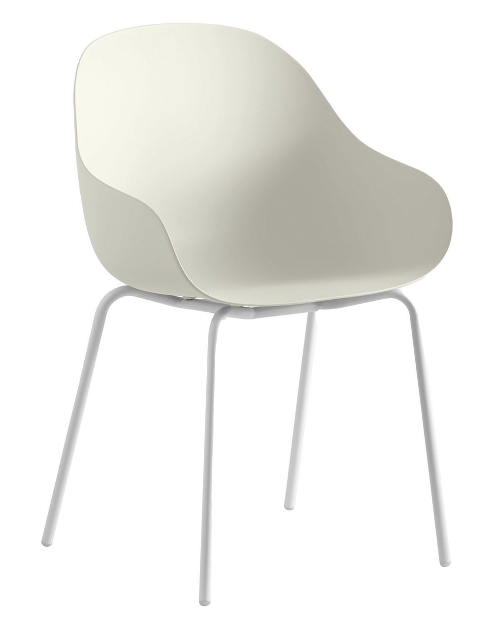 Connubia Stuhl ACADEMY Moderner, cremefarbener Stuhl mit geschwungener Rückenlehne und weißen Metallbeinen, seitliche Perspektive.