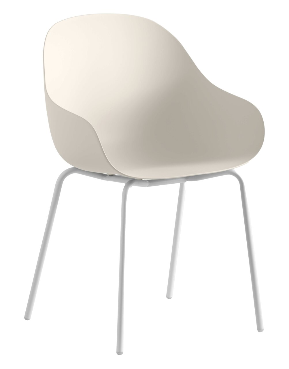 Moderner, cremefarbener Stuhl mit geschwungener Rückenlehne und weißen Metallbeinen, seitliche Perspektive.